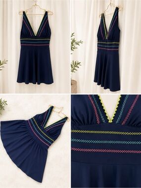 Women’s ' Navy One-Piece Swim Dress with Multicolor Stitching